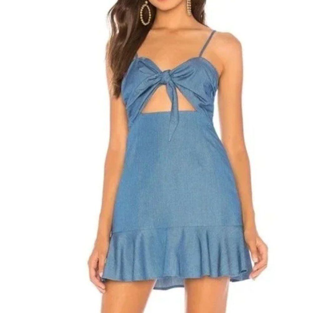 NEW Lovers and Friends Tie Front Cutout Lemon Lime Dress in Blue Chambray Small